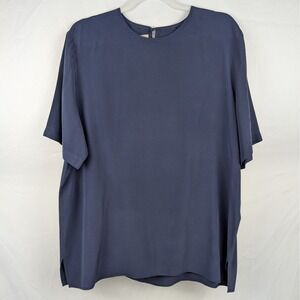 Vtg 100% Silk Alexandria Womens XL Blue Navy Short Sleeve Top Tunic Minimalist